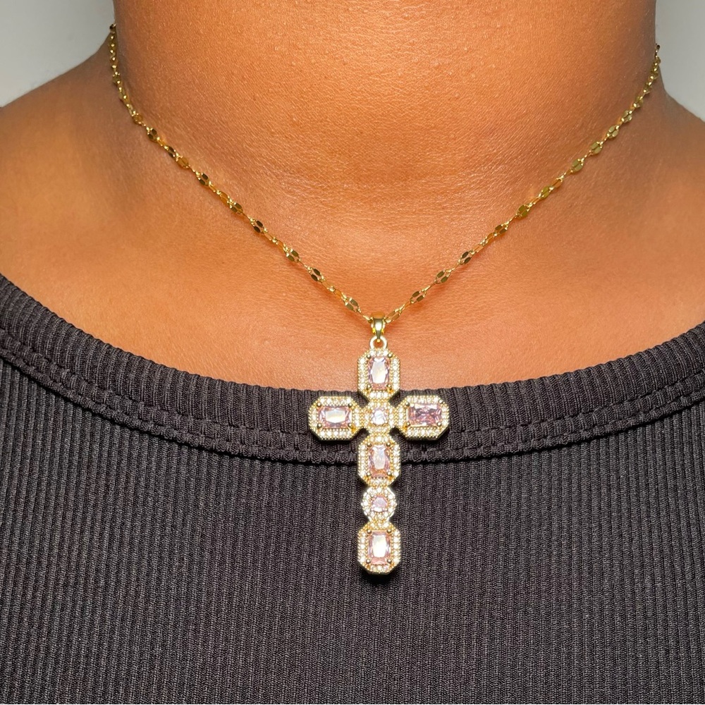 Gold and Pink Stones Cross Pendant Necklace - Picture 3 of 4
